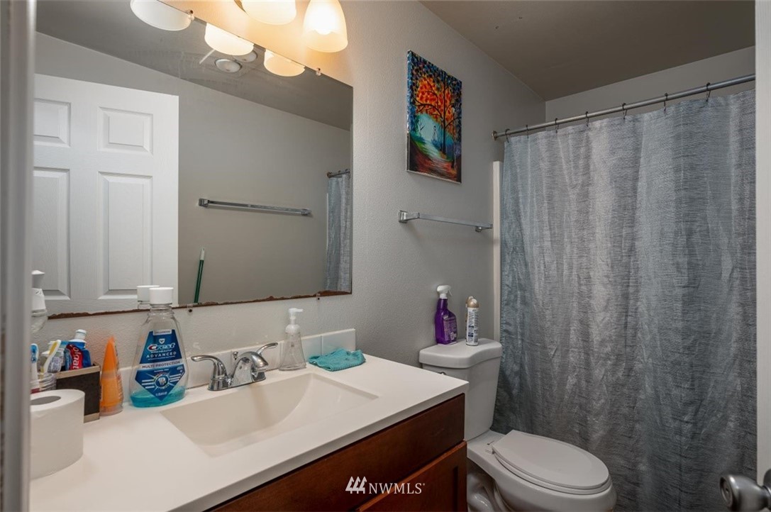 710 Everson Road Everson, WA 98247 - Photo 8 of 20 a bathroom with a sink a toilet and shower curtain