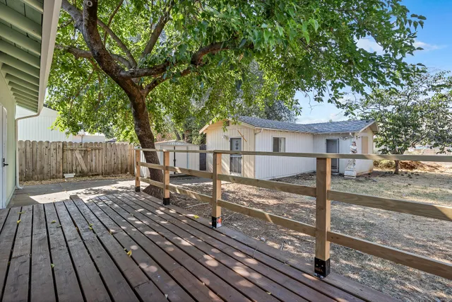 a view of a backyard with a tree