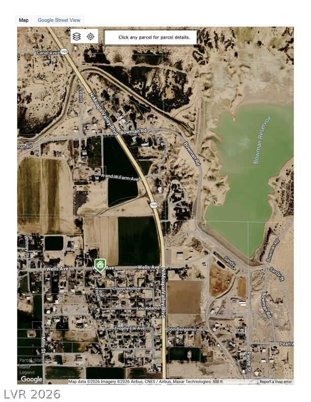 4362 Thistle Street Logandale, NV 89021 - Photo 97 of 99 An aerial view revealing a comprehensive map of roads, residential areas, and the Bowman Reservoir.