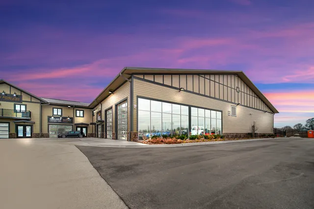 a view of a building with a street