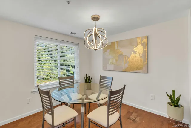 a view of a dining room with furniture wooden floor and chandelier