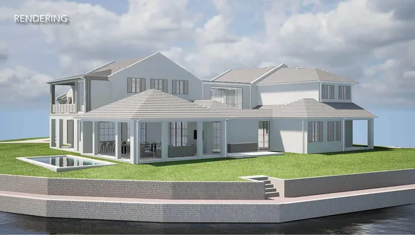 a view of a white house with a small yard and large trees