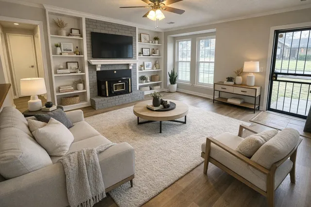 a living room with furniture a flat screen tv and a fireplace