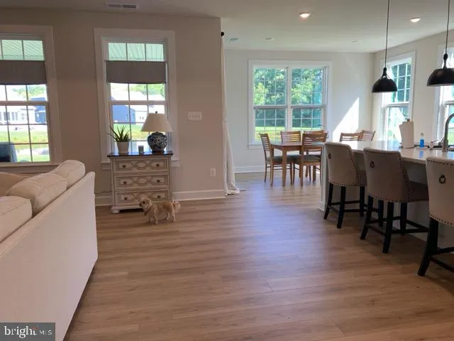 a living room with furniture two window and wooden floor