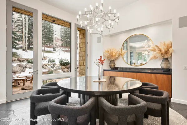 a view of a dining room with furniture window and outside view