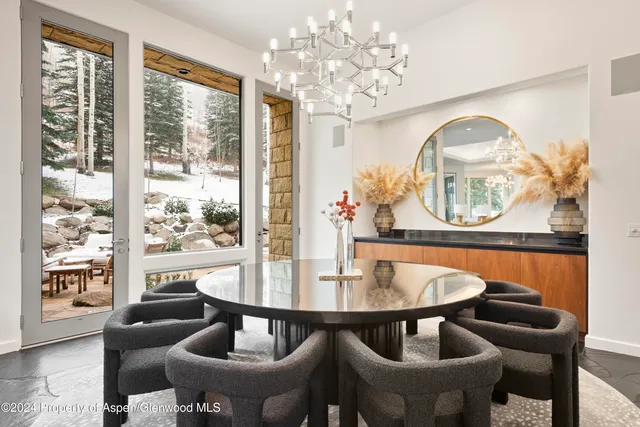 a view of a dining room with furniture window and outside view