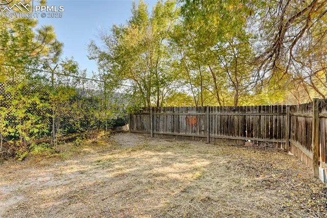 a view of backyard with wooden fence and trees
