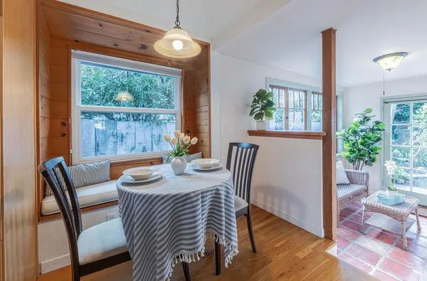 a view of a dining room with furniture window and wooden floor
