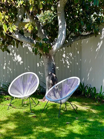 a view of a chair and table in the backyard