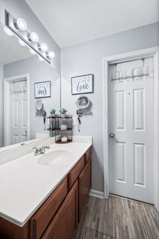 a bathroom with a sink a mirror and a shower