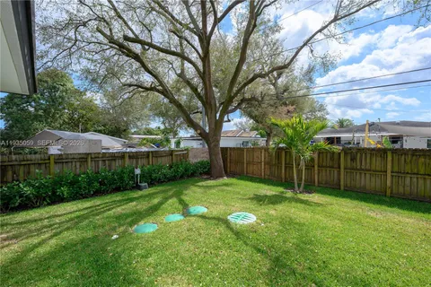 a view of a backyard with a large trees