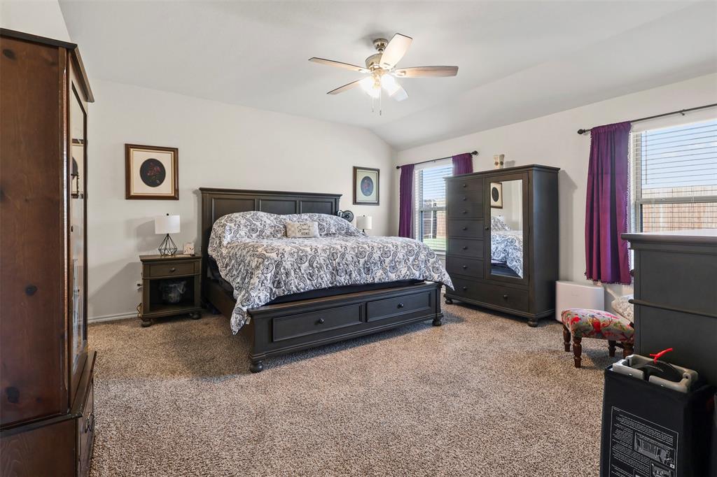 742 Buttercup Drive Pilot Point, TX 76258 - Photo 11 of 20 Bedroom featuring carpet, ceiling fan, and vaulted ceiling