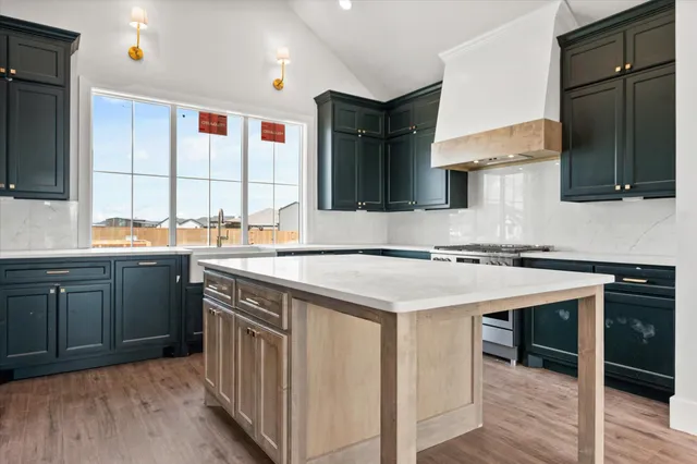 a kitchen with a sink stove and cabinets