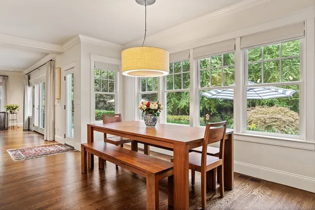 a view of a dining room with furniture window and wooden floor
