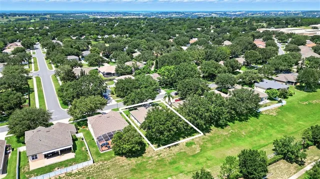 an aerial view of residential houses with outdoor space and trees