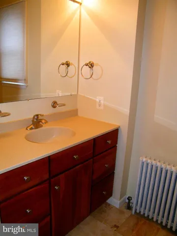a bathroom with a sink vanity and a mirror