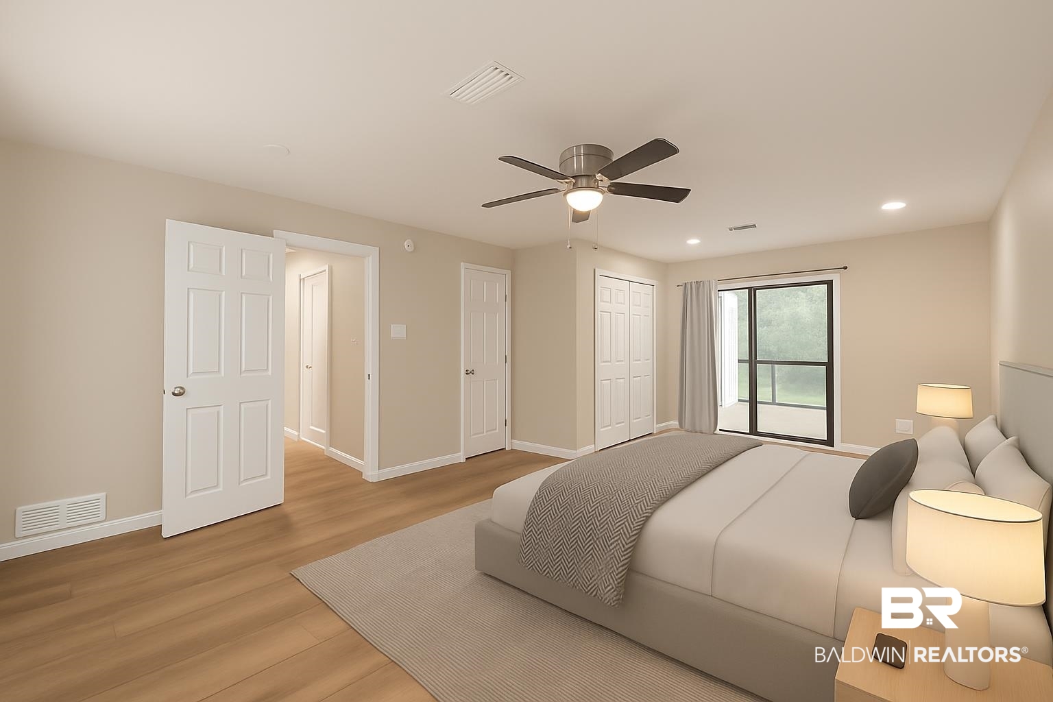 105 South Windgate Circle Daphne, AL 36526 - Photo 18 of 37 Bedroom with light wood finished floors, baseboards, ceiling fan, a closet, and recessed lighting