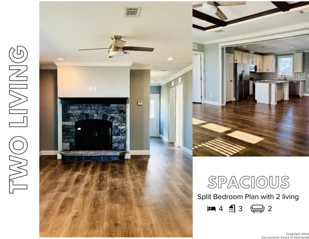 a view of a livingroom with wooden floor and a fireplace
