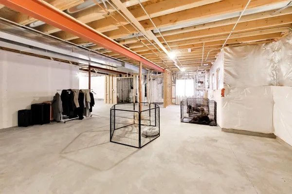 a view of a garage with couch