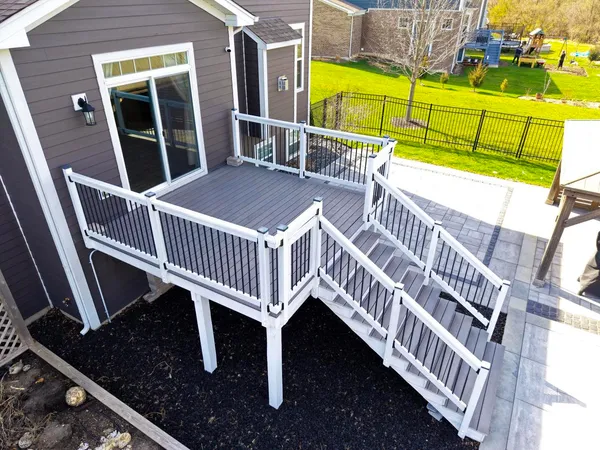 a view of a balcony with wooden floor