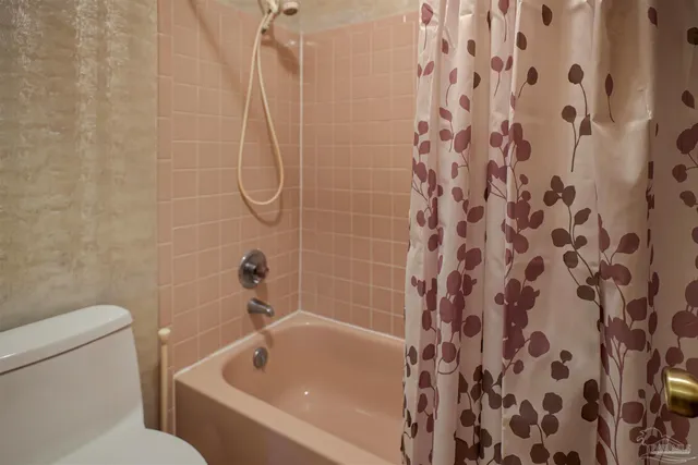 a bathroom with a shower and a toilet