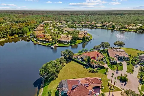 an aerial view of a house with a lake view