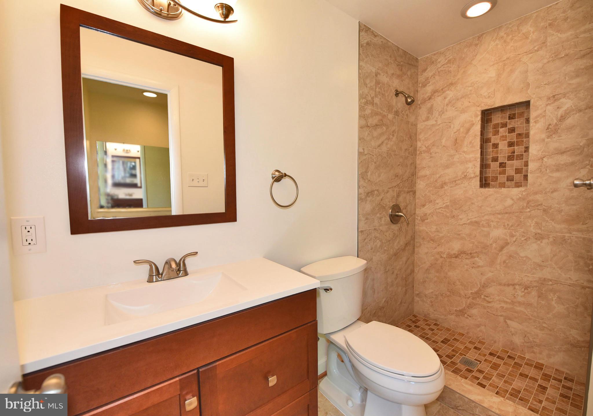 13516 Collingwood Terrace Silver Spring, MD 20904 - Photo 22 of 29 a bathroom with a toilet a sink a mirror a vanity and shower