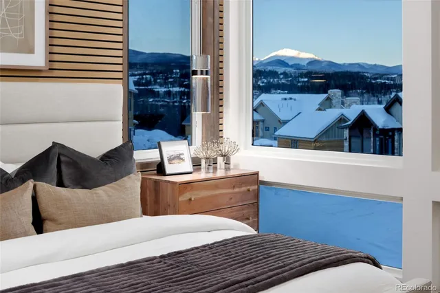 a bedroom with a bed and balcony view