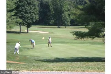 a view of a golf course with chairs