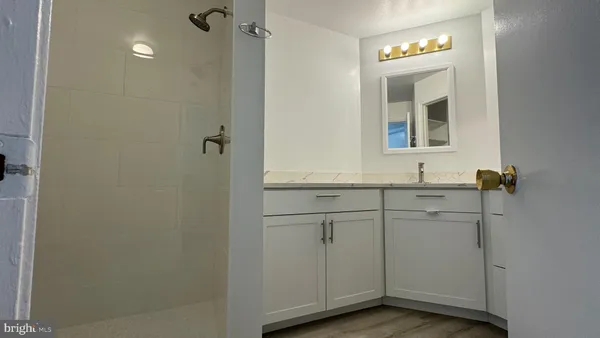 a bathroom with a shower sink and mirror