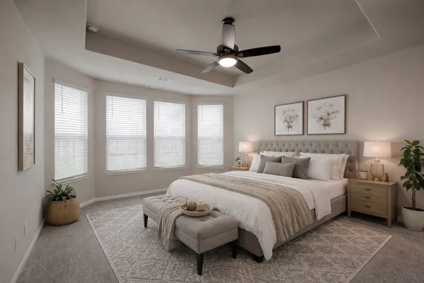 a spacious bedroom with a bed and a chandelier