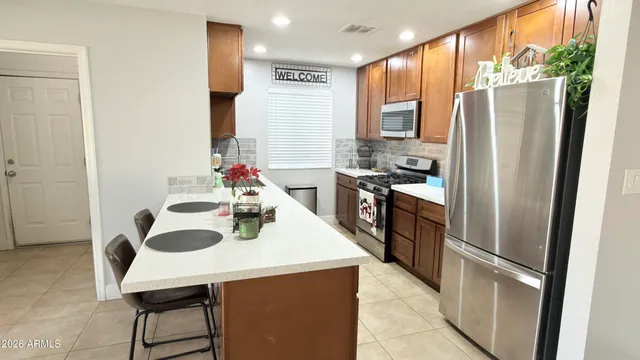 a view of a dining room with furniture