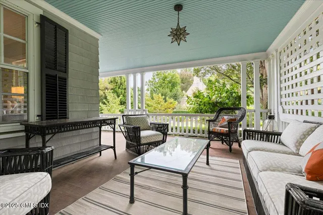 a balcony with furniture and a potted plant