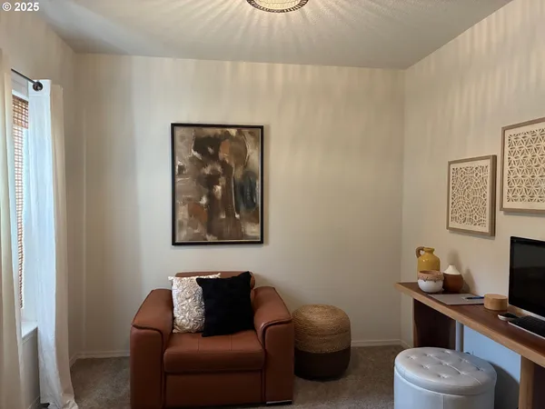 a living room with furniture a couch and a potted plant
