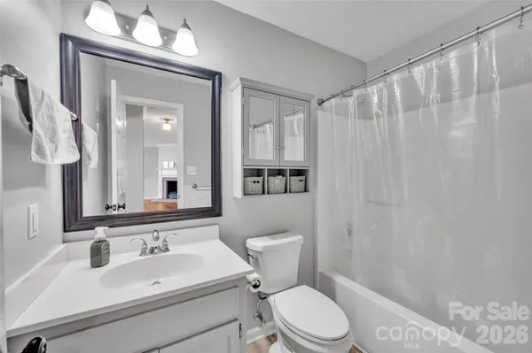 a bathroom with a sink a toilet and shower curtain