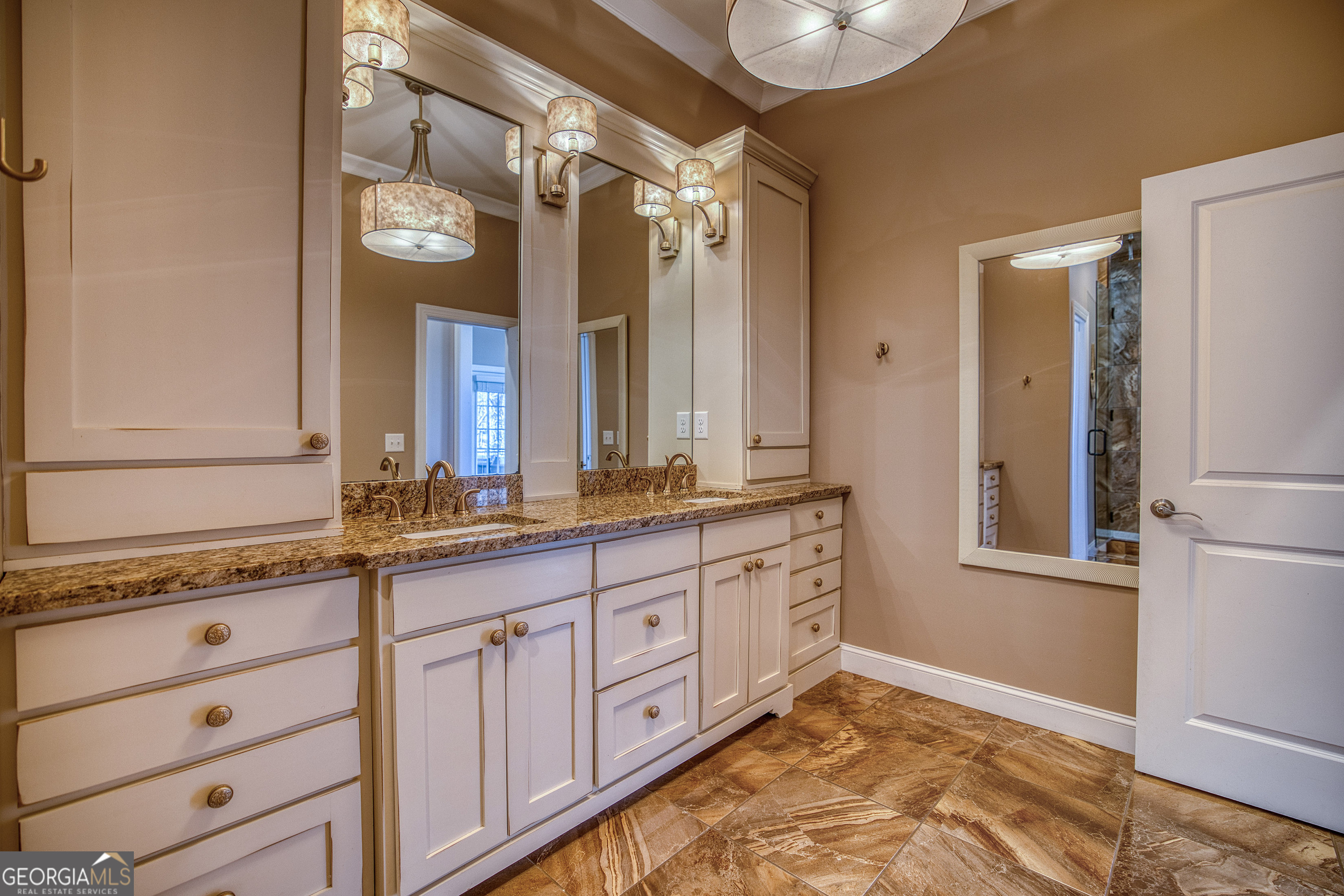112 Springhill Lane Clarkesville, GA 30523 - Photo 32 of 79 a bathroom with a granite countertop double vanity sink and a mirror