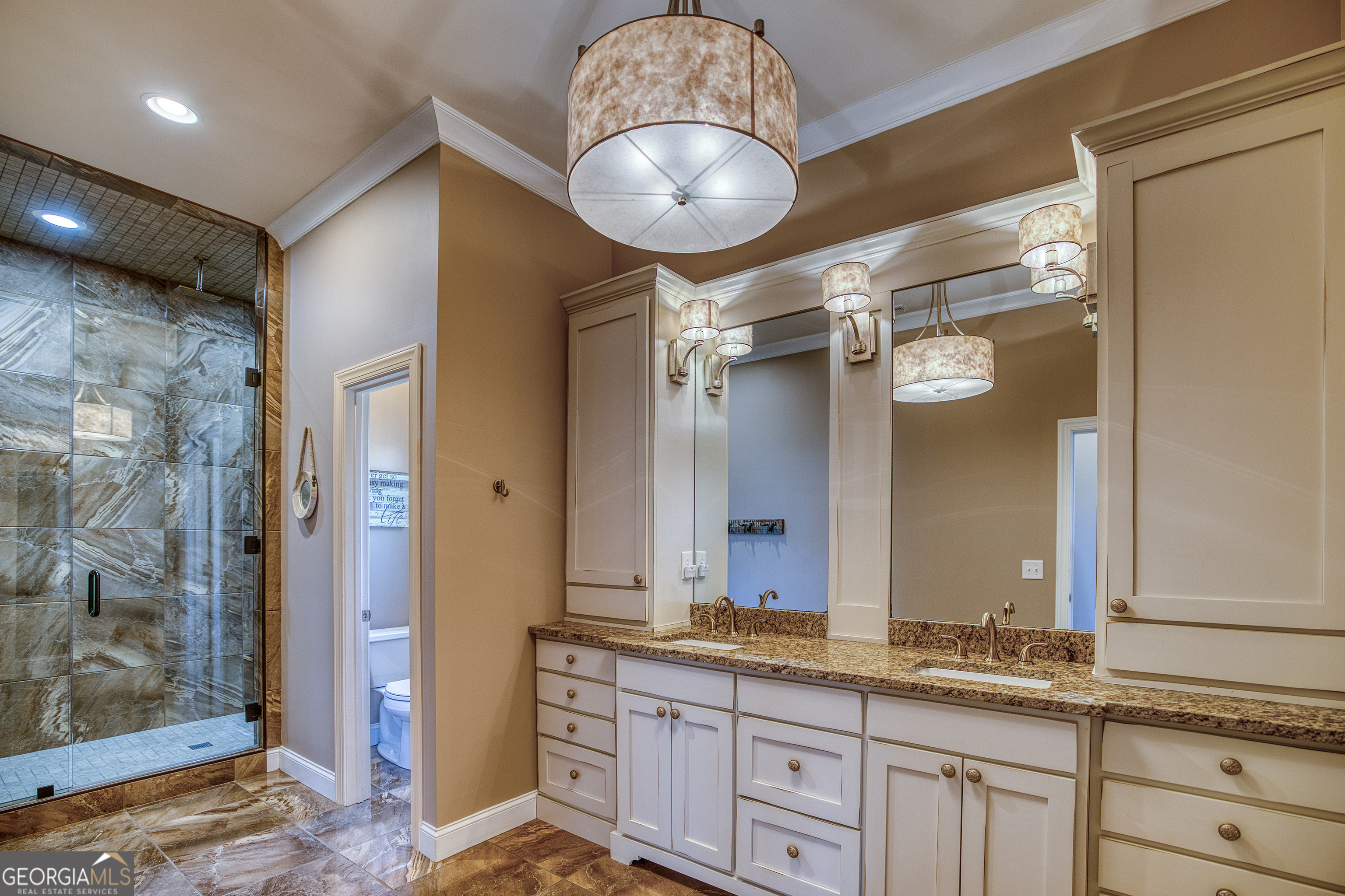 112 Springhill Lane Clarkesville, GA 30523 - Photo 33 of 79 a bathroom with a granite countertop sink a mirror and shower