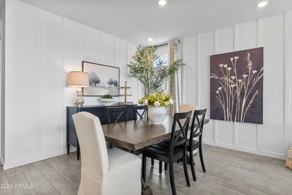 a view of a dining room with furniture