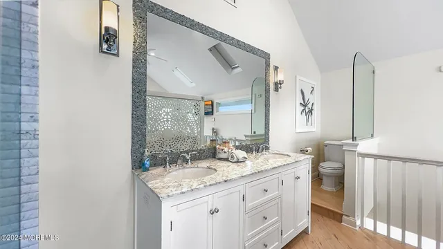 a bathroom with a granite countertop sink and a mirror