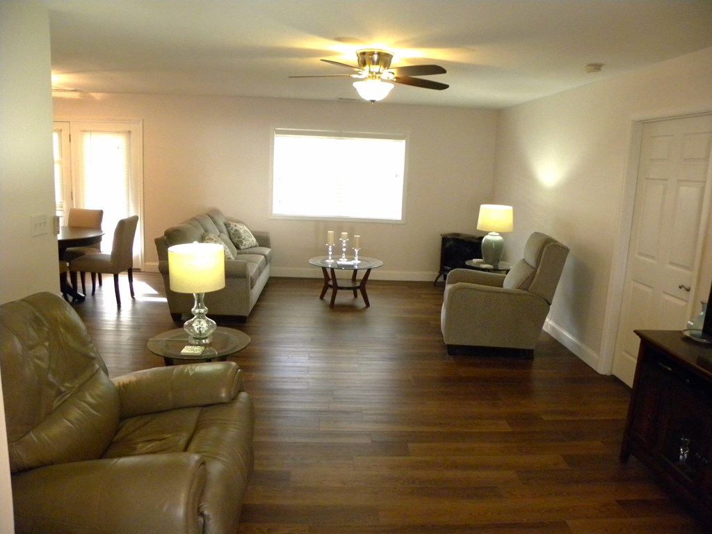 88 Morningview Place Blue Ridge, GA 30513 - Photo 7 of 41 a living room with couches a fireplace and a dining table with wooden floor