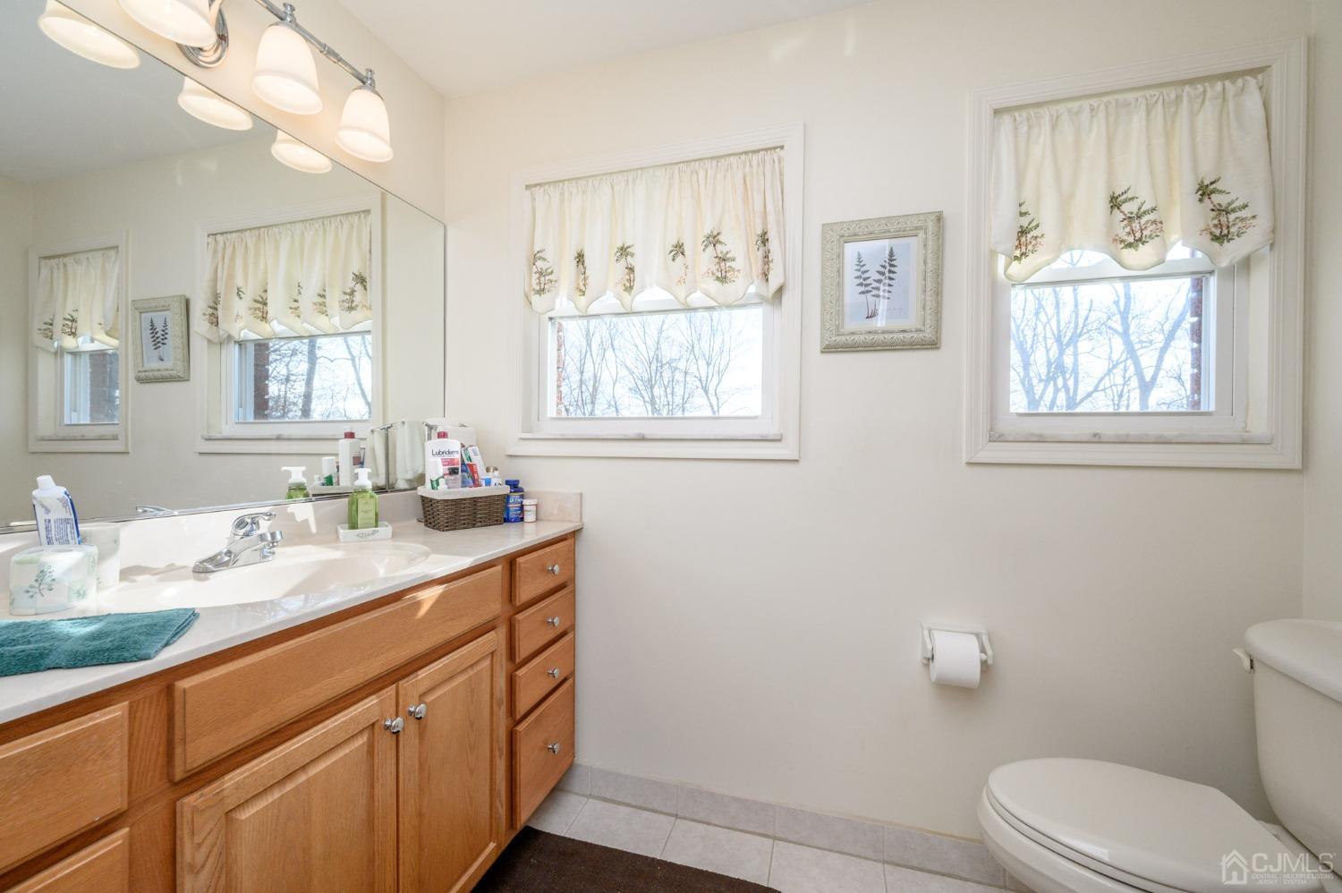 7 Putters Road Succasunna, NJ 07876 - Photo 25 of 40 a bathroom with a granite countertop sink mirror and a toilet