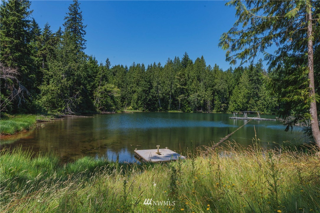 a view of a lake with a house in the background