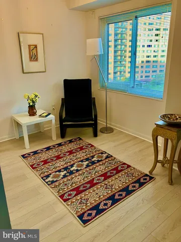 a living room with a rug and a window