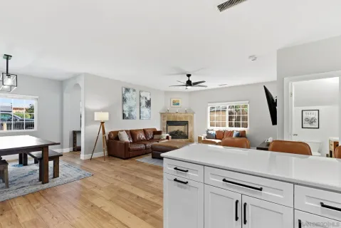 a living room with furniture and a fireplace