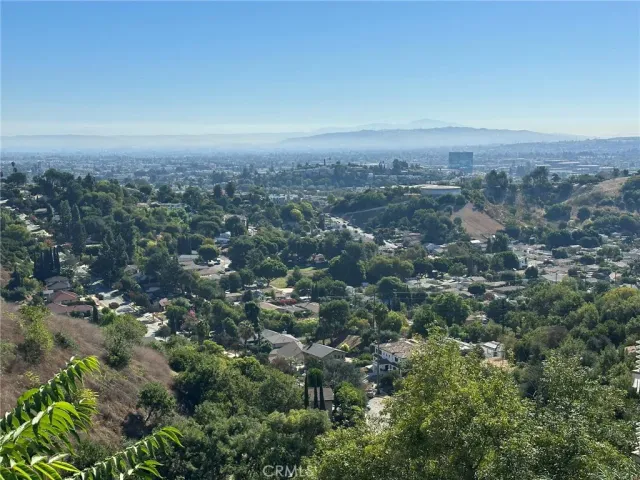 a view of a city with lush green forest