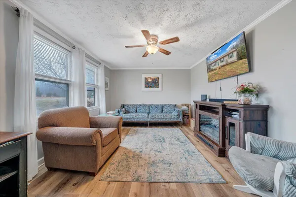 a living room with furniture and a rug