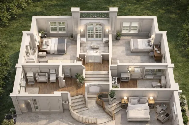 a front view of a house with outdoor seating