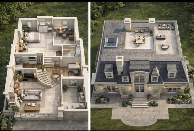 front view of a house with a fountain