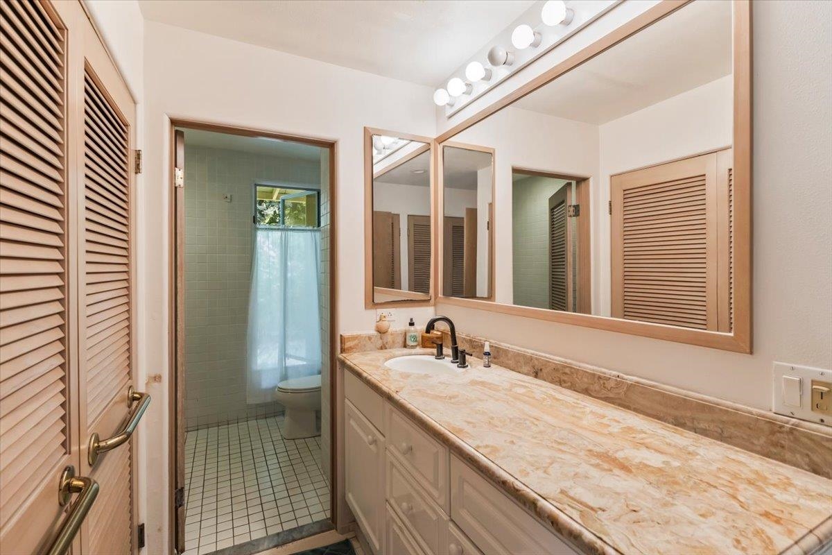 6900 Hana Highway Hana, HI 96713 - Photo 20 of 50 a bathroom with a granite countertop sink and a mirror