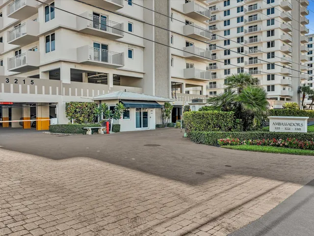 a view of a building with a street